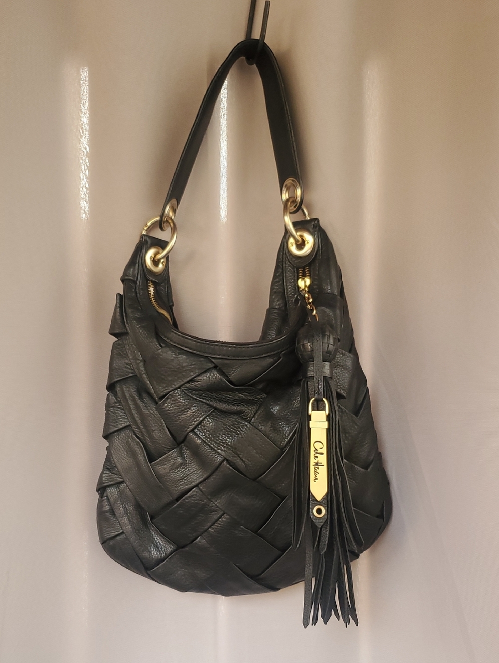 Cole Haan Black Woven Leather Shoulder Hobo with Tassel